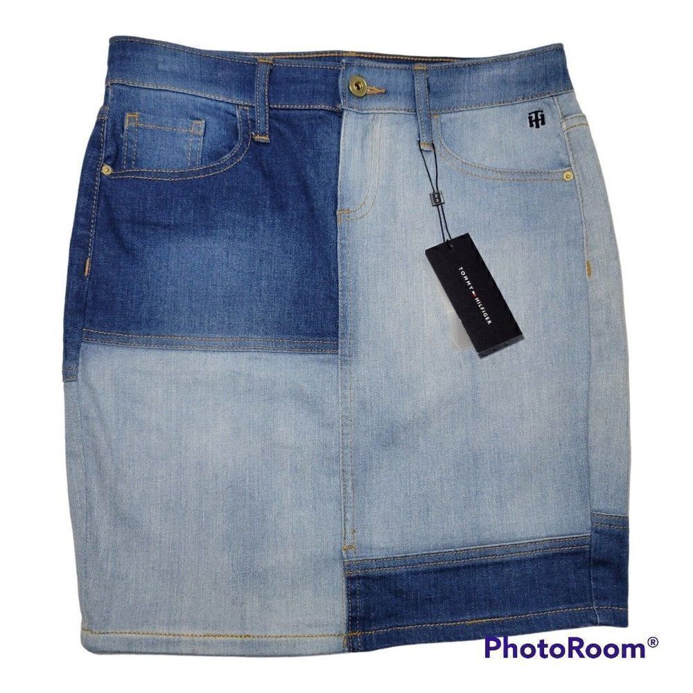 Tommy Hilfiger Jean Skirt Womens Size 2 Patchwork Denim Pockets Logo NWT‎